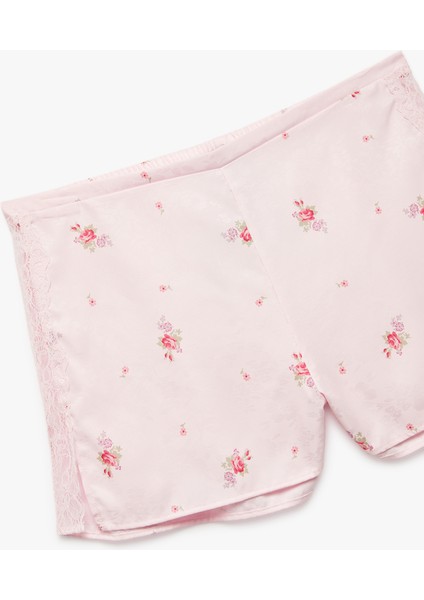 Dantel Detaylı Çiçekli Saten Şort Pijama Altı