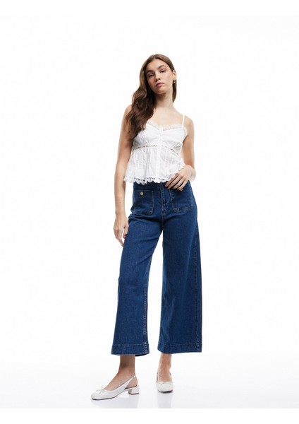 Yüksek Bel Cepli Düğmeli Rahat Kalıp Jean Pantolon - Culotte Jeans