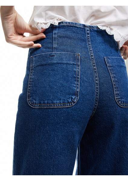 Yüksek Bel Cepli Düğmeli Rahat Kalıp Jean Pantolon - Culotte Jeans modelleri