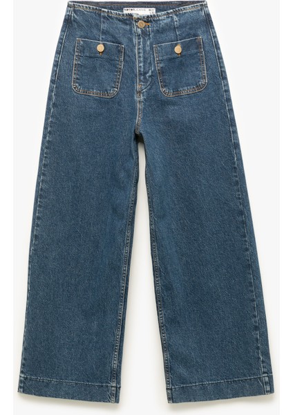 Yüksek Bel Cepli Düğmeli Rahat Kalıp Jean Pantolon - Culotte Jeans fırsatları