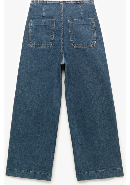 Yüksek Bel Cepli Düğmeli Rahat Kalıp Jean Pantolon - Culotte Jeans indirimleri
