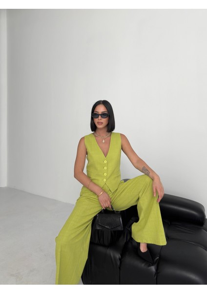 Kadın Keten Sırtı Çapraz Geçişli Cepken Pantolon Ikili Takım