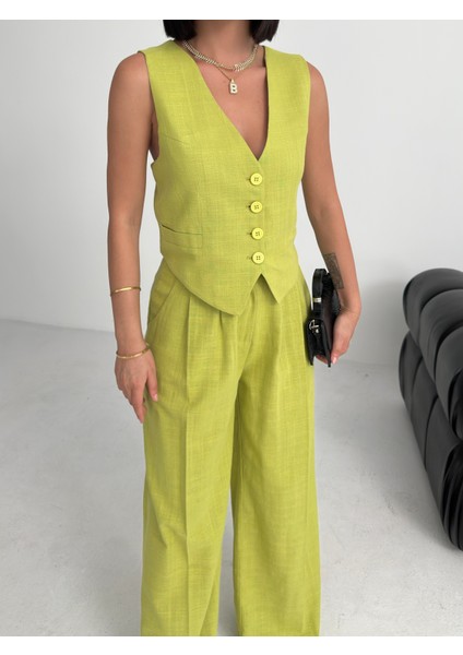 Kadın Keten Sırtı Çapraz Geçişli Cepken Pantolon Ikili Takım modelleri