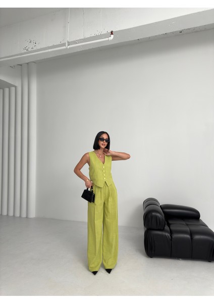 Kadın Keten Sırtı Çapraz Geçişli Cepken Pantolon Ikili Takım fırsatları