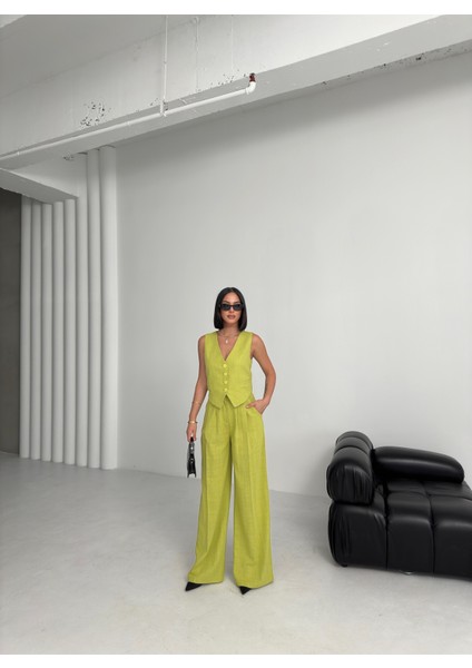 Kadın Keten Sırtı Çapraz Geçişli Cepken Pantolon Ikili Takım indirimleri