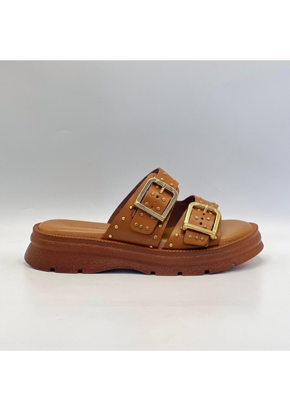 Rosa Taba Hakiki Deri Tokalı Zımbalı Kadın Terliği