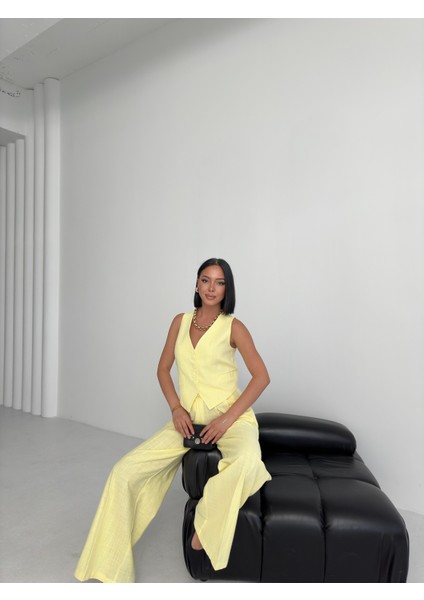 Kadın Keten Sırtı Çapraz Geçişli Cepken Pantolon Ikili Takım