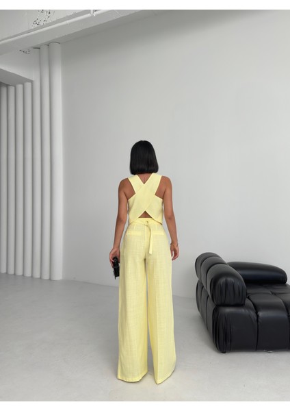 Kadın Keten Sırtı Çapraz Geçişli Cepken Pantolon Ikili Takım fiyatları