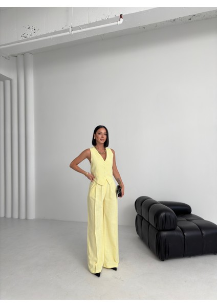 Kadın Keten Sırtı Çapraz Geçişli Cepken Pantolon Ikili Takım fırsatları