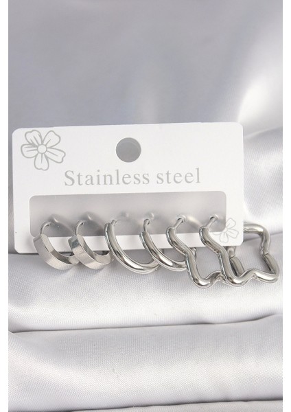 316L Çelik Gümüş Renk Yarım Halka Yıldız Model Kadın Küpe Seti