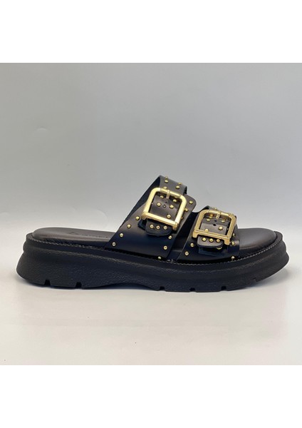 Rosa Siyah Hakiki Deri Tokalı Zımbalı Kadın Terliği – Rahat, Şık ve Ortopedik