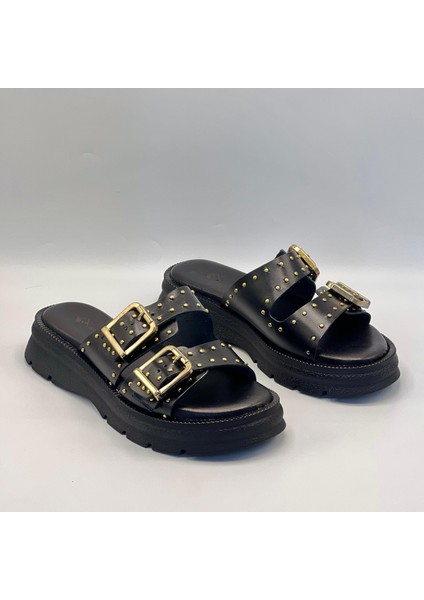 Rosa Siyah Hakiki Deri Tokalı Zımbalı Kadın Terliği – Rahat, Şık ve Ortopedik fiyatları