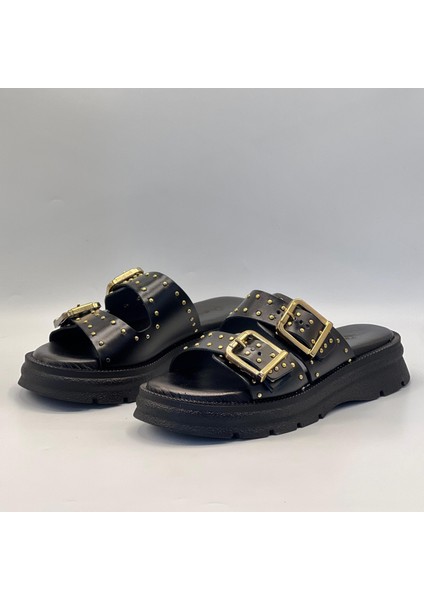 Rosa Siyah Hakiki Deri Tokalı Zımbalı Kadın Terliği – Rahat, Şık ve Ortopedik fırsatları