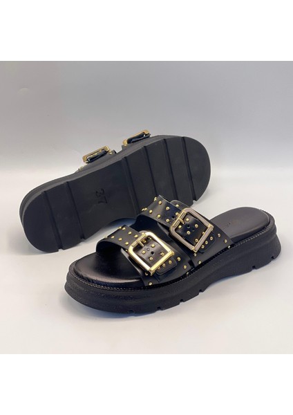 Rosa Siyah Hakiki Deri Tokalı Zımbalı Kadın Terliği – Rahat, Şık ve Ortopedik indirimleri