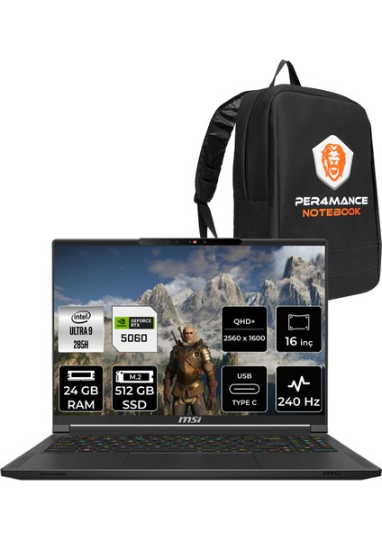 Msı Stealth 16 Aı Intel Core Ultra 9 285H 24GB 512GB SSD RTX5060/8GB 16" Qhd+ 240Hz Freedos Taşınabilir Bilgisayar & Per4 Çanta A2HWFG062TRP312