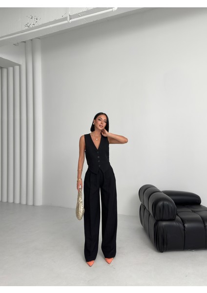 Kadın Keten Sırtı Çapraz Geçişli Cepken Pantolon Ikili Takım