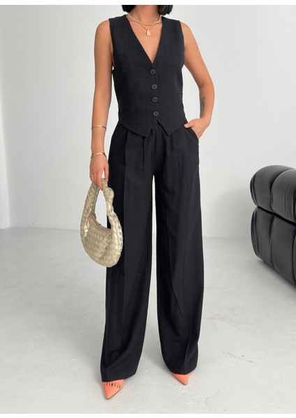 Kadın Keten Sırtı Çapraz Geçişli Cepken Pantolon Ikili Takım modelleri