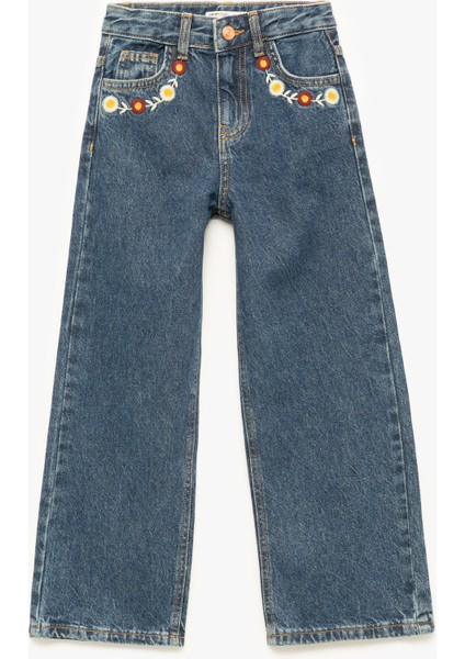 Yüksek Bel Pamuklu Bol Kalıp Çiçek Işlemeli Geniş Paça Denim Pantolon