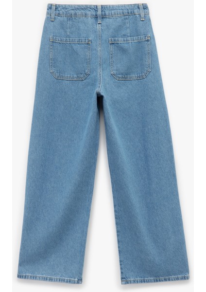 Normal Paça Düğmeli Yüksek Bel Pamuklu Geniş Paça Crop Jean Pantolon - Wide Leg Jeans