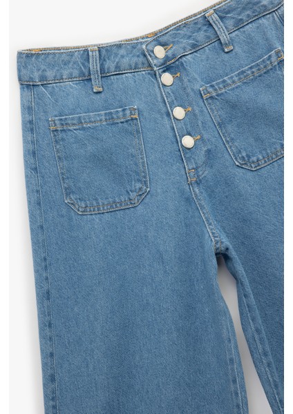 Normal Paça Düğmeli Yüksek Bel Pamuklu Geniş Paça Crop Jean Pantolon - Wide Leg Jeans