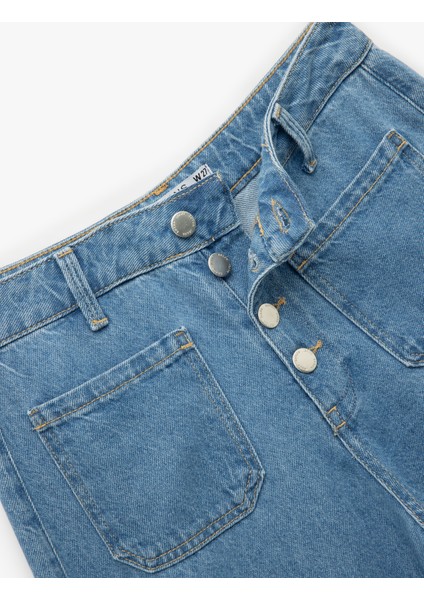 Normal Paça Düğmeli Yüksek Bel Pamuklu Geniş Paça Crop Jean Pantolon - Wide Leg Jeans
