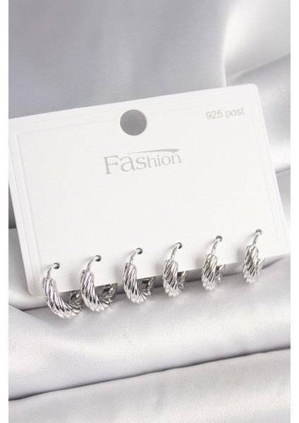 925 Ayar Gümüş Çivi Pirinç Gümüş Renk Işlemeli Halka Model Kadın Küpe Seti