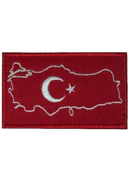 Single Sword Nakış Haritalı Türk Bayrağı. Kırmızı-Beyaz