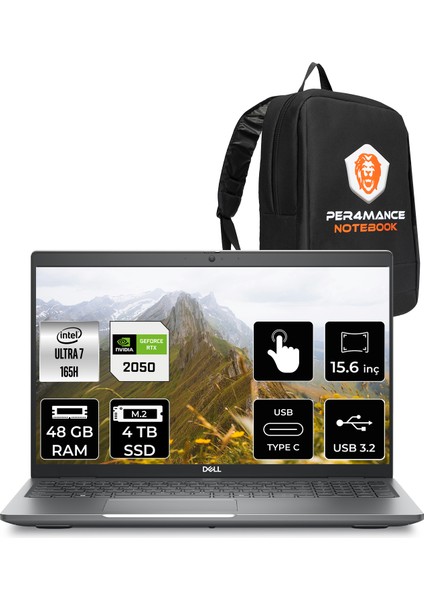 Latitude 5550 Intel Core Ultra 7 165H 48GB 4tb SSD RTX2050/4GB 15.6" Fhd Freedos Touch Taşınabilir Bilgisayar & Per4 Çanta XCTOL5550P330