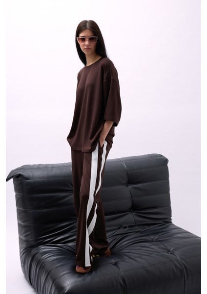 Bisiklet Yaka Oversize Kahverengi T-Shirt