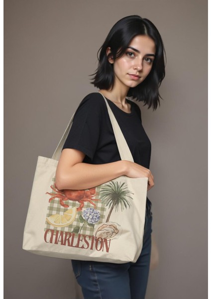 Baskılı Körüklü Kanvas Bez Çanta Charleston, Tote, Yengeçli, Yengeç, Günlük ve Plaj Kullanıma Uygun