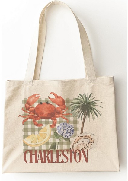 Baskılı Körüklü Kanvas Bez Çanta Charleston, Tote, Yengeçli, Yengeç, Günlük ve Plaj Kullanıma Uygun fiyatları
