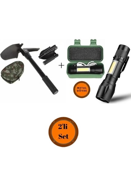 USB Charge Zomlu El Feneri + Kazma Kürek Seti - Portatif