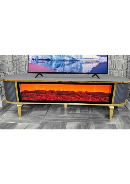 Şömineli Tv Sehpası Gold Ayak Bluetooth Hoparlörlü 3 Renk Mavi,kirmizi,turuncu Kumandali 160 cm