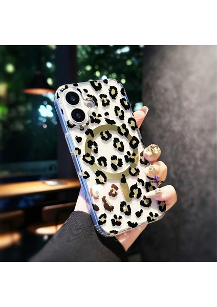 iPhone 16 Uyumlu Leopar Desenli Magsafe Şarj Destekli Silikon Şeffaf Kılıf