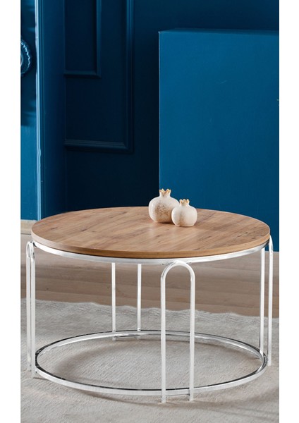 Lenka Orta Sehpa Yuvarlak Açık Ceviz Ahşap Gümüş Metal - Sedaş-Lenka-Orta-Gümüş