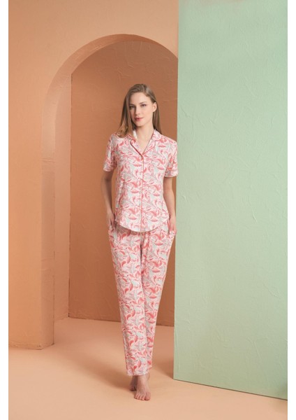 Kadın Pembe Önden Düğmeli Pijama Takımı 27050