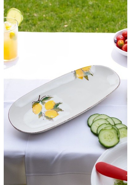 Limon Desenli El Yapımı Seramik Kayık Tabak - Sunum Tabağı 36 cm