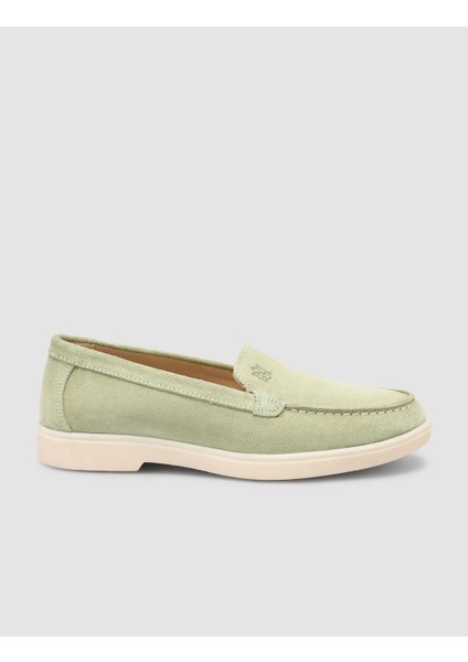 %100 Hakiki Deri Yeşil Süet Kadın Loafer