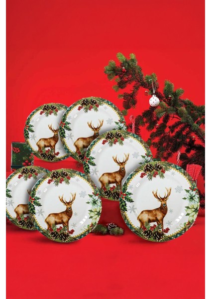 Happy New Year Geyik Desenli Porselen 6'lı Pasta Tabağı 6 Kişilik 26 cm