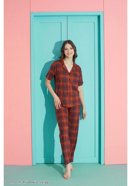 Kadın E. Kırmızı Milan Kumaş Önden Düğmeli Gömlek Yaka Pijama Takımı – 7515