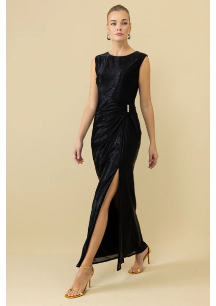 Parlak Kumaş Maxi Boy Abiye Elbise