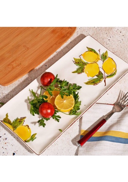 Limon Desenli El Yapımı Seramik Tabak - Sunum Servis Tabağı 36X17 cm