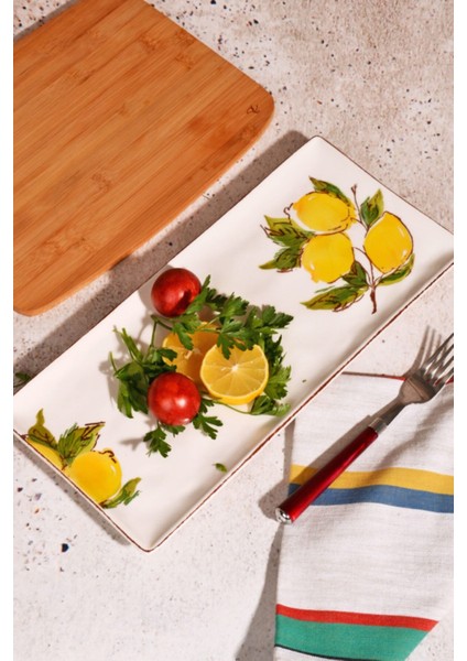 Limon Desenli El Yapımı Seramik Tabak - Sunum Servis Tabağı 36X17 cm
