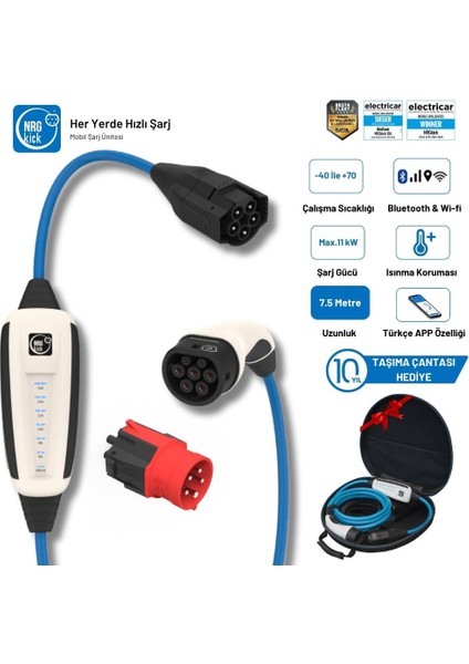 Çantalı Basic Plus Set 16A 11KW 7.5m Wifi+Bluetooth Ac Mobil Monofaze & Trifaze Şarj (Wallbox)