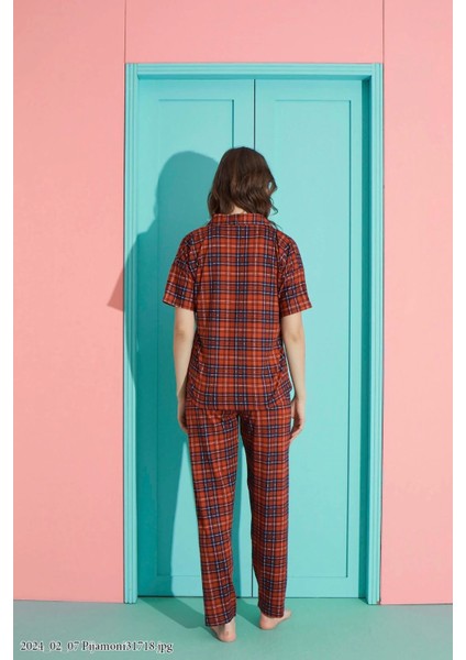 Kadın E. Kırmızı Milan Kumaş Önden Düğmeli Gömlek Yaka Pijama Takımı – 7515 modelleri