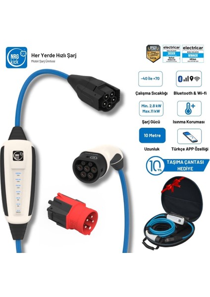 Çantalı Basic Plus Set 16A 11KW 10M Wifi+Bluetooth Ac Mobil Monofaze & Trifaze Şarj (Wallbox)