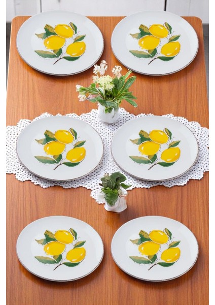 Limon Desenli El Yapımı Seramik Pasta Tabağı - Servis Tabak Seti 6 Adet 21 cm
