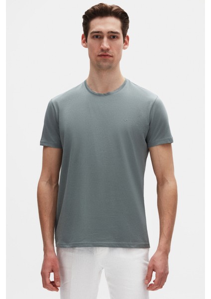 Ds Damat Regular Fit Koyu Yosun Düz Nakışlı %100 Pamuk T-Shirt