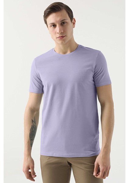 Slim Fit Galaktik Leylak Düz Kabartma Baskılı T-Shirt