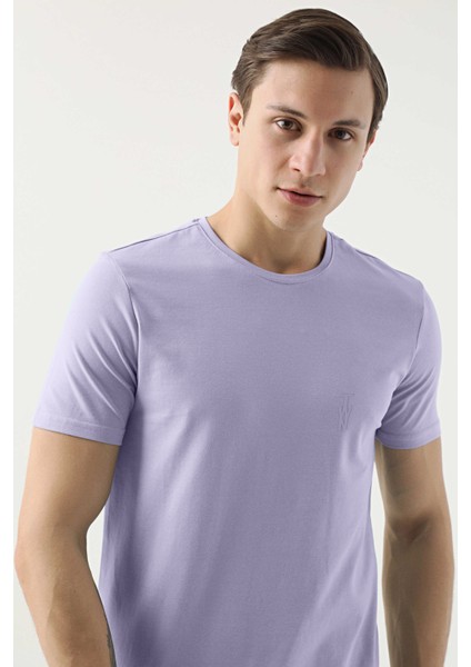 Slim Fit Galaktik Leylak Düz Kabartma Baskılı T-Shirt fiyatları